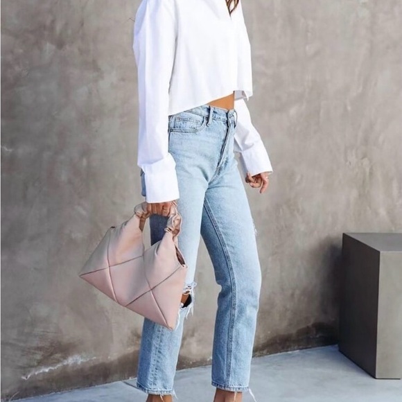 White Cropped Button Down Collared Shirt Set with Matching Cropped Tank - Picture 4 of 11